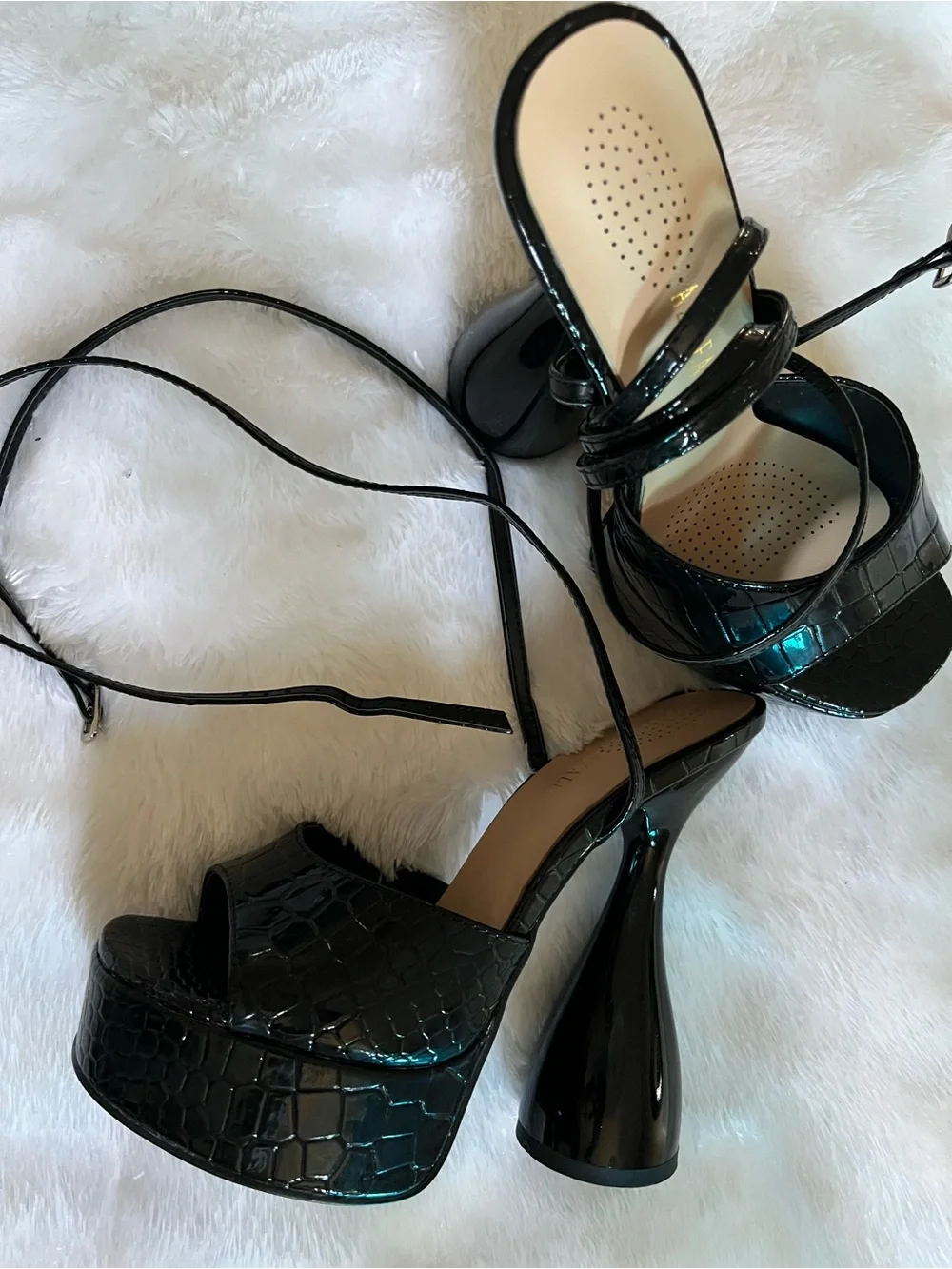 Patent Black Croc-Embossed Platform Heels with Sculpted Flared Heel